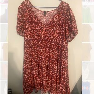 Maroon Floral Print V-Neck Flowy Dress
